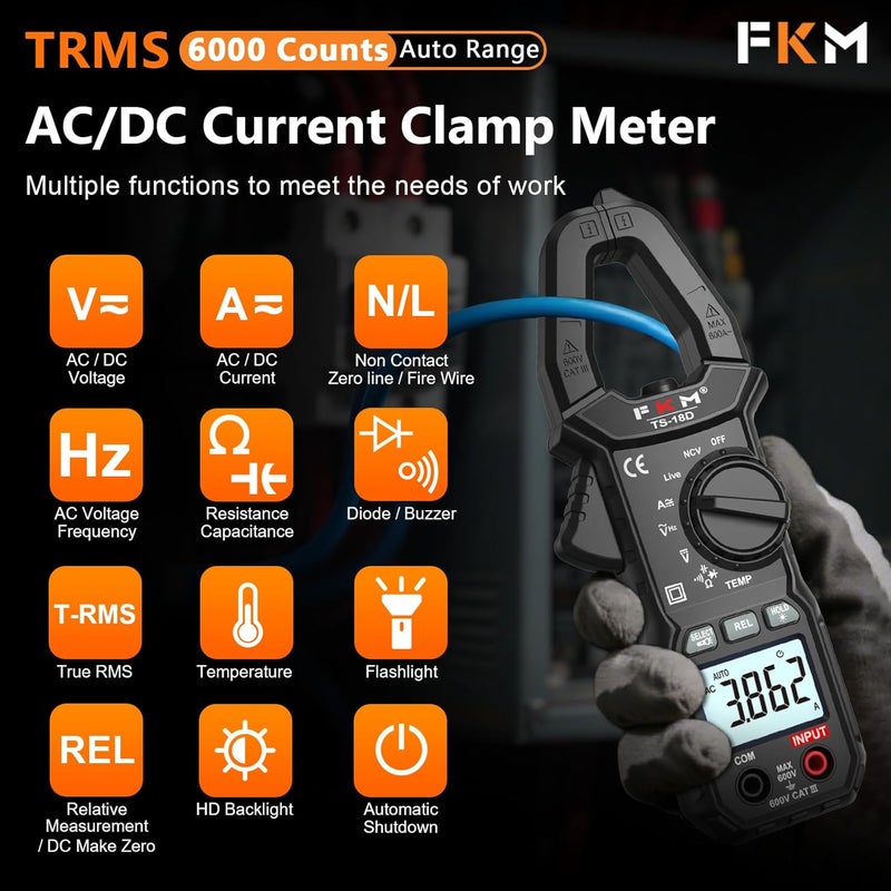 FKM AC/DC Amp Clamp Meter Multimeter Tester TRMS 6000 Counts Auto-ranging Smart Digital Voltage Tester,for AC/DC Current/Voltage,NCV Detection,Capacitance,Resistance,Ohm,Continuity,Diode,Hz,Temp Test - Image 2